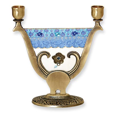 Alef Judaica CH1950 Harp Shaped Metal and Glass Shabbat Candle Sticks