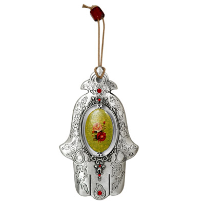 Alef Judaica PIC1222 Rose Center Pewter Hamsa with Enamel and Rhinestones