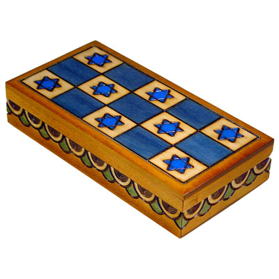 Alef Judaica BOX5034 Checker Blue Star Wooden Box