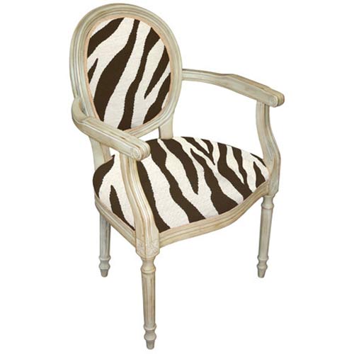 123 Creations C728EWAC Zebra in Brown Needlepoint Armchair in White Wash 100 Percent Wool