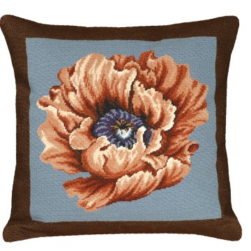 123 Creations C914B.20x20 inch Poppy - Brown and Blue needlepoint pillow - 100% wool