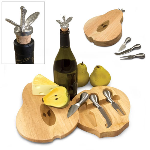 Picnic Time 844-00-505 Pear Shaped Rubber Wood Cutting Board with Tools and Bottle Stopper