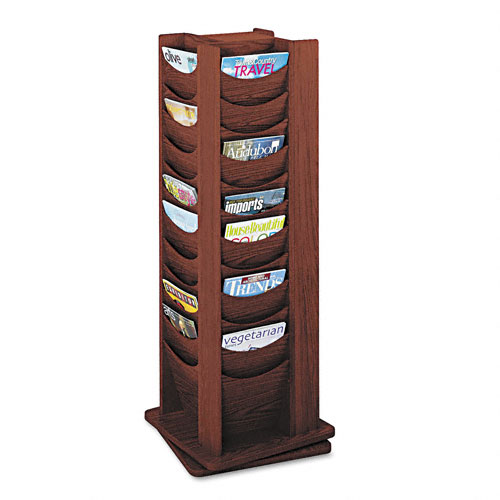 Wood Rotary Magazine Display Rack With 48 Pockets In Mahogany