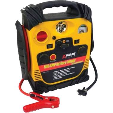 ideal for cars vans suvs trucks boats and more. perfect when your car doesn t start in cold weather. pumps tires to full pressure. 500 peak amps auto jump starter powerful rechargeable 14ah sealed lead acid battery heavy duty booster clamps extra long 6 gauge booster cables 260 psi high power motor air compressor quick flow inflates 16" tires in 5-10 minutes high pressure air hose 2 dc portable power outlets with overload protection for 12v appliances 110v recharger for home use quick and easy recharging time: ac 34 hours dc 14 hours 1 usb power port built-in work light battery status indicator lights built-in safety features to prevent sparking
