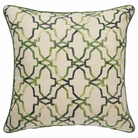 Jaipurrugs Plc101852 Trellis Chain & Tiles Pattern Cotton & Polyester Verdigris Square Poly Pillow, Neutral & Green - 22 X 22 In.