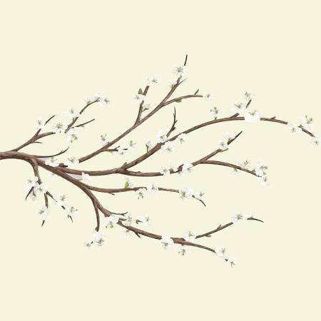 White Blossom Branch Peel & Stick Giant Wall Decals With Flower Embellishments, Beige