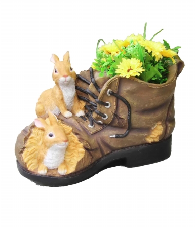 Snf86003 Two Rabbits Nested In Shoe Sculpture With Flower Pot