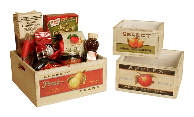 8115-s3 Square Vintage Fruit Wood Crates With Retro Fruit Artwork, Set Of 3