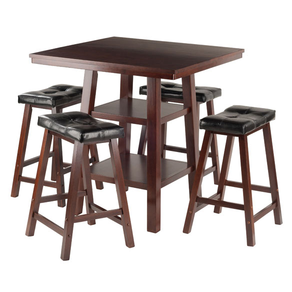 94506 3 Piece Orlando High Table 2 Shelves With 4 Cushion Seat Stools Set, Walnut