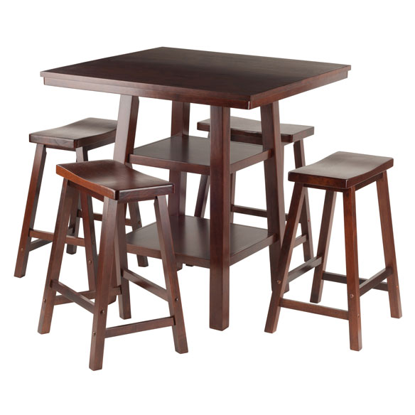 94548 5 Piece Orlando High Table 2 Shelves With 4 Saddle Seat Stools Set, Walnut