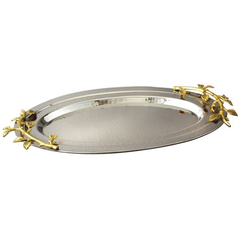 70037 Elegance Gilt Leaf Oval Hammered Stainless Steel Tray, 16.5 X 10 In.
