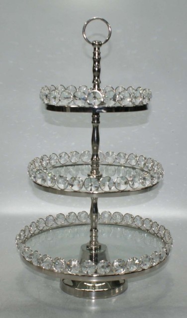 72903 Elegance Three Tier Glass & Nickel Plated Stand With Detachable Crystal Border, 20.5 In.