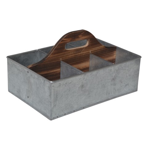Galvanized Storage Caddy With Wood Center Handle - 6.7 X 9.7 X 15 In.