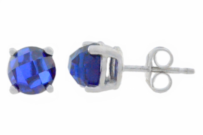2 Ct Blue Sapphire Checkerboard Round Stud Earrings 0.925 Sterling Silver