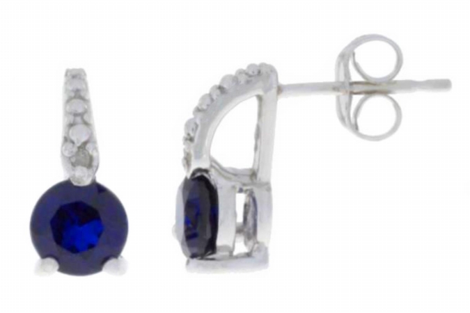5mm-rn-d-925-b-sap 1 Ct Blue Sapphire & Diamond Round Stud Earrings 0.925 Sterling Silver Rhodium