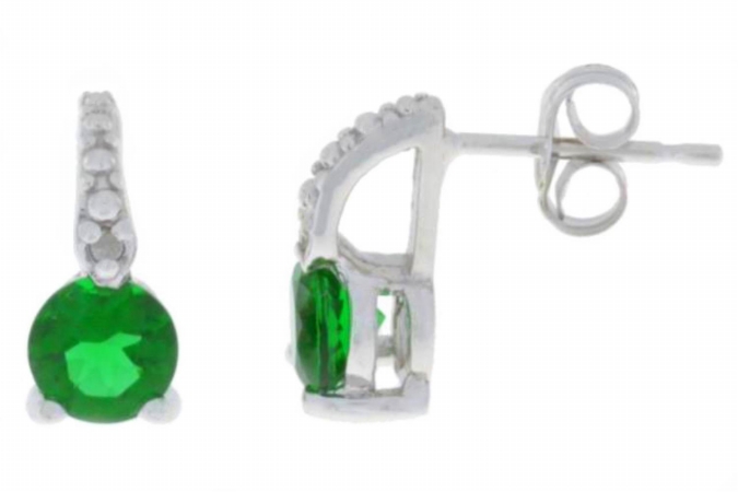 1 Ct Emerald & Diamond Round Stud Earrings 0.925 Sterling Silver Rhodium