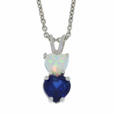 HRT-DB-OPAL-B-SAP Opal & Blue Sapphire Heart Double Pendant 0.925 Sterling Silver