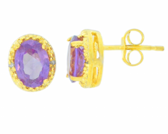 2ct Alexandrite & Diamond Oval Stud Earrings 14kt Yellow Gold Plated Over Sterling Silver