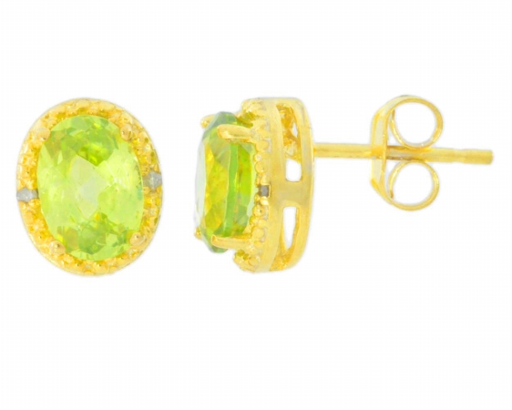 2ct Peridot & Diamond Oval Stud Earrings 14kt Yellow Gold Plated Over Sterling Silver