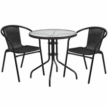 Tlh-087rd-037bk2-gg 28 in. rattan edging round glass Table & 2 Stack chair, black