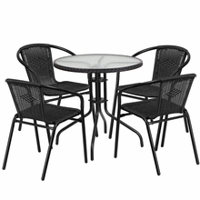 Tlh-087rd-037bk4-gg 28 in. rattan edging round glass Table & 4 Stack chair, black
