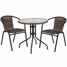Tlh-087rd-037bn2-gg 28 in. rattan edging round glass Table & 2 Stack chair, dark Brown