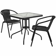 Tlh-073sq-037bk2-gg 28 in. rattan edging square glass Table & 2 Stack chair, black