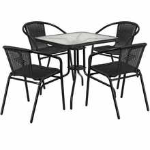 Tlh-073sq-037bk4-gg 28 in. rattan edging square glass Table & 4 Stack chair, black