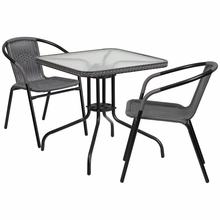 Tlh-073sq-037gy2-gg 28 in. rattan edging square glass Table & 2 Stack chair, gray