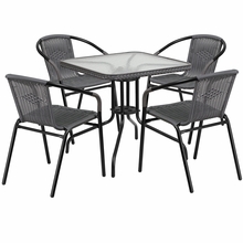 Tlh-073sq-037gy4-gg 28 in. rattan edging square glass Table & 4 Stack chair, gray