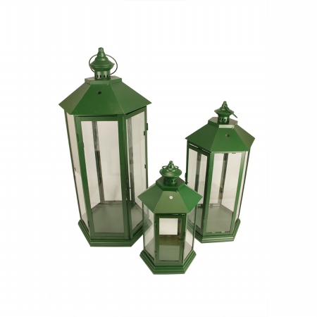 Gordon 31320448 27 In. Green Traditional Style Pillar Candle Holder Lanterns, Set Of 3