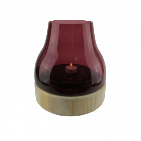 Gordon 32021546 9.75 In. Merlot Colored Glass Pillar Candle Holder With Wooden Base