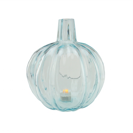 Gordon 32022042 9 In. Transparent Light Blue Glass Pumpkin Shaped Pillar Candle Holder