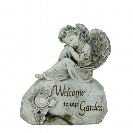 Gordon 32019872 10 In. Resting Angel Welcome To Our Garden Outdoor Garden Statue Pure White Solarlight