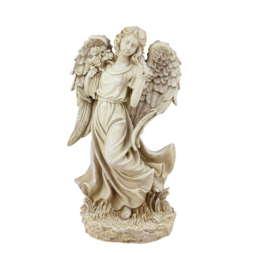 Gordon 32019863 18 In. Heavenly Gardens Distressed Almond Brown Angel With Bird & Bouquet Outdoor Garden Statue