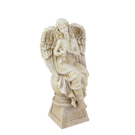Gordon 32021355 17 In. Heavenly Gardens Distressed Almond Brown Sitting Angel With Dove Outdoor Garden Statue