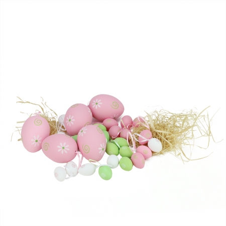 Gordon 32013884 3.25 In. Pastel Pink, Green & White Painted Floral Spring Easter Egg Ornaments, Set Of 29