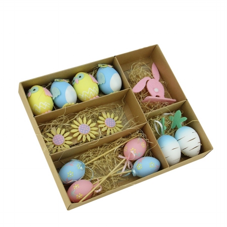 Gordon 32019807 Pastel Pink, Blue & Yellow Easter Egg Chicken & Bunny Spring Decorations, Set Of 14
