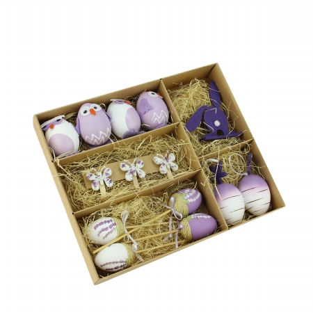 Gordon 32019818 Purple & White Easter Egg Chicken - Bunny Spring Decorations, Set Of 14