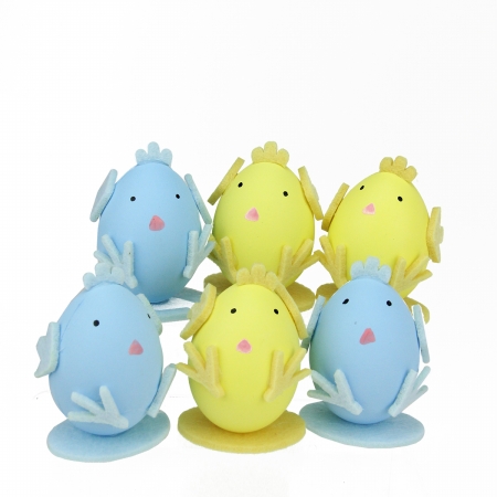 2.75 In. Yellow & Blue Felt Easter Egg Chicken Spring Figure Decorations, Set Of 6