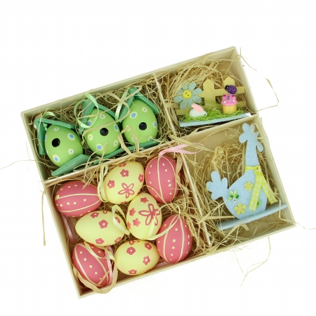 Pink, Blue Green & Yellow Easter Egg Birdhouse - Rooster Spring Decorations, Set Of 13