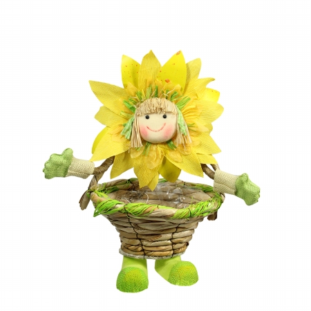 Gordon 31867234 15 In. Yellow Green & Tan Spring Floral Sunflower Girl With Basket Decorative Figure