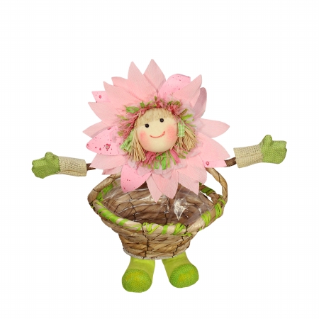 Gordon 31998609 15 In. Pink, Green & Tan Spring Floral Sunflower Girl With Basket Decorative Figure