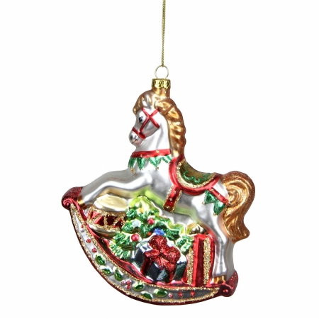 Gordon 31811518 5.25 In. White Glittered Traditional Rocking Horse With Gifts Glass Christmas Ornament
