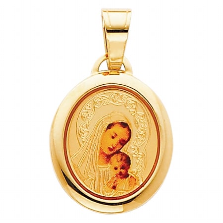 Jewelry 14k Yellow Gold And Enamel Blessed Virgin And Baby Jesus Religious Pendant