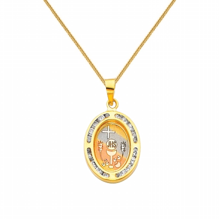 Jewelry 14k Tri-tone Gold Cubic Zirconia First Communion Religious Pendant With 0.8-mm Square Wheat Chain