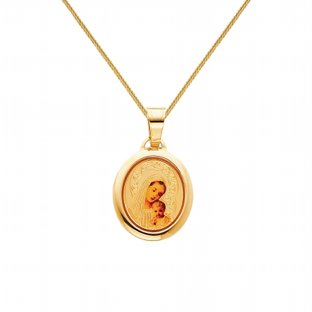 Jewelry 14k Yellow Gold And Enamel Blessed Virgin And Baby Jesus Religious Pendant With 0.8-mm Square Wheat Chain