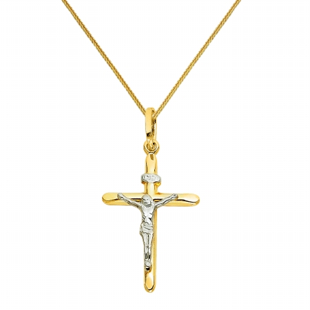Jewelry 14k Two-tone Gold Crucifix Religious Pendant With 0.8-mm Square Wheat Chain