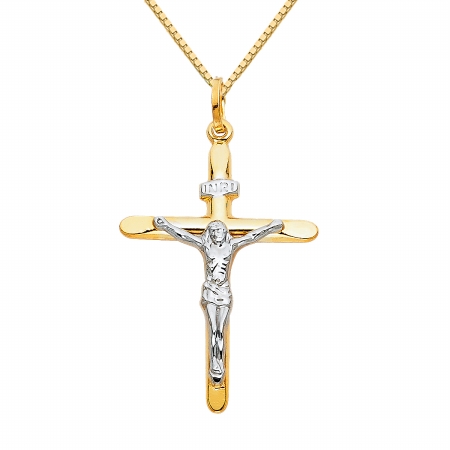 Jewelry 14k Two-tone Gold Crucifix Religious Pendant With 1-mm Box Chain