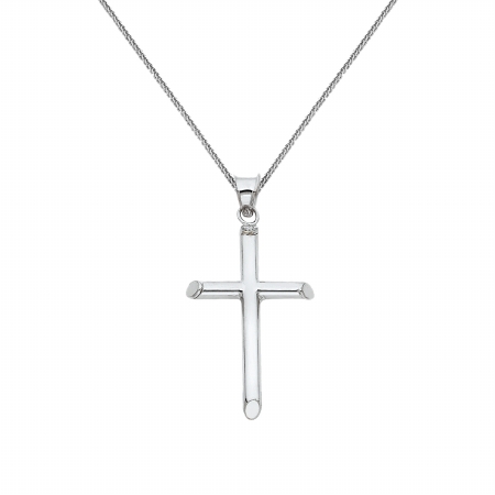 Jewelry 14k White Gold Traditional Cross Religious Pendant With 0.8-mm Square Wheat Chain